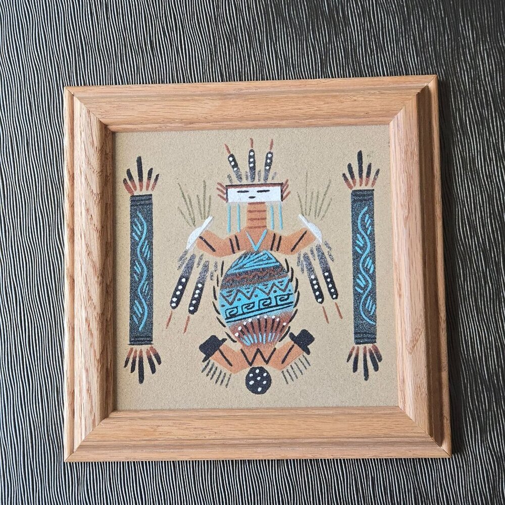Navajo Sand Painting Art Handmade Signed 7.5" Square Wooden Frame
